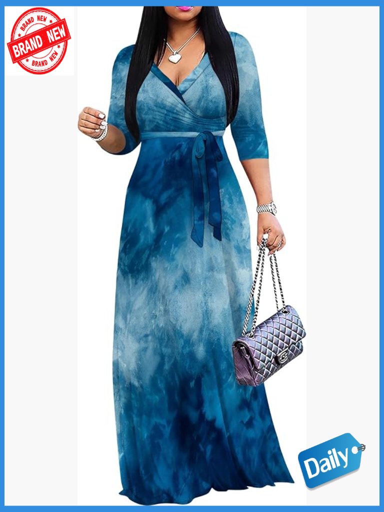 Plus Size Maxi Dress 3/4 Sleeve Flowy A-Line Casual With Pockets